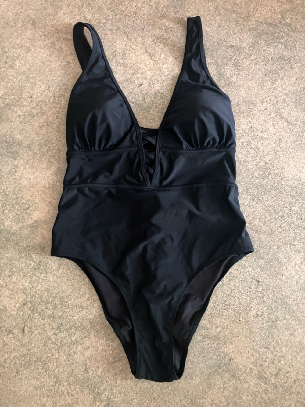 Flattered Black One-Piece Swimsuit with Plunge Lace-Up Detail